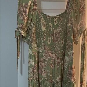 Agua Bendita Olive Floral Short Sleeve Dress
